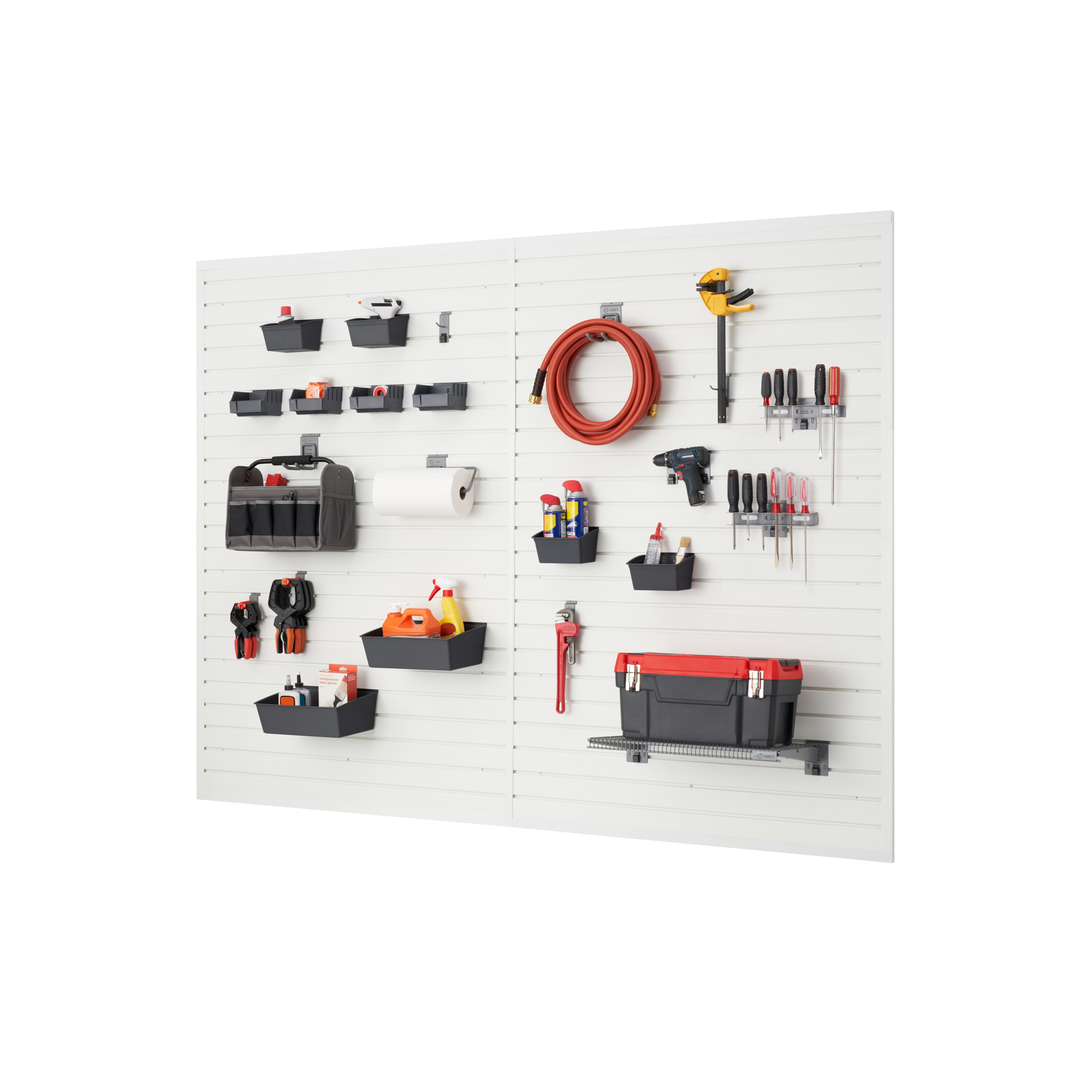 TRINITY 48 Sq Ft Modular Slatwall 24-Piece Accessory Workshop Set - White